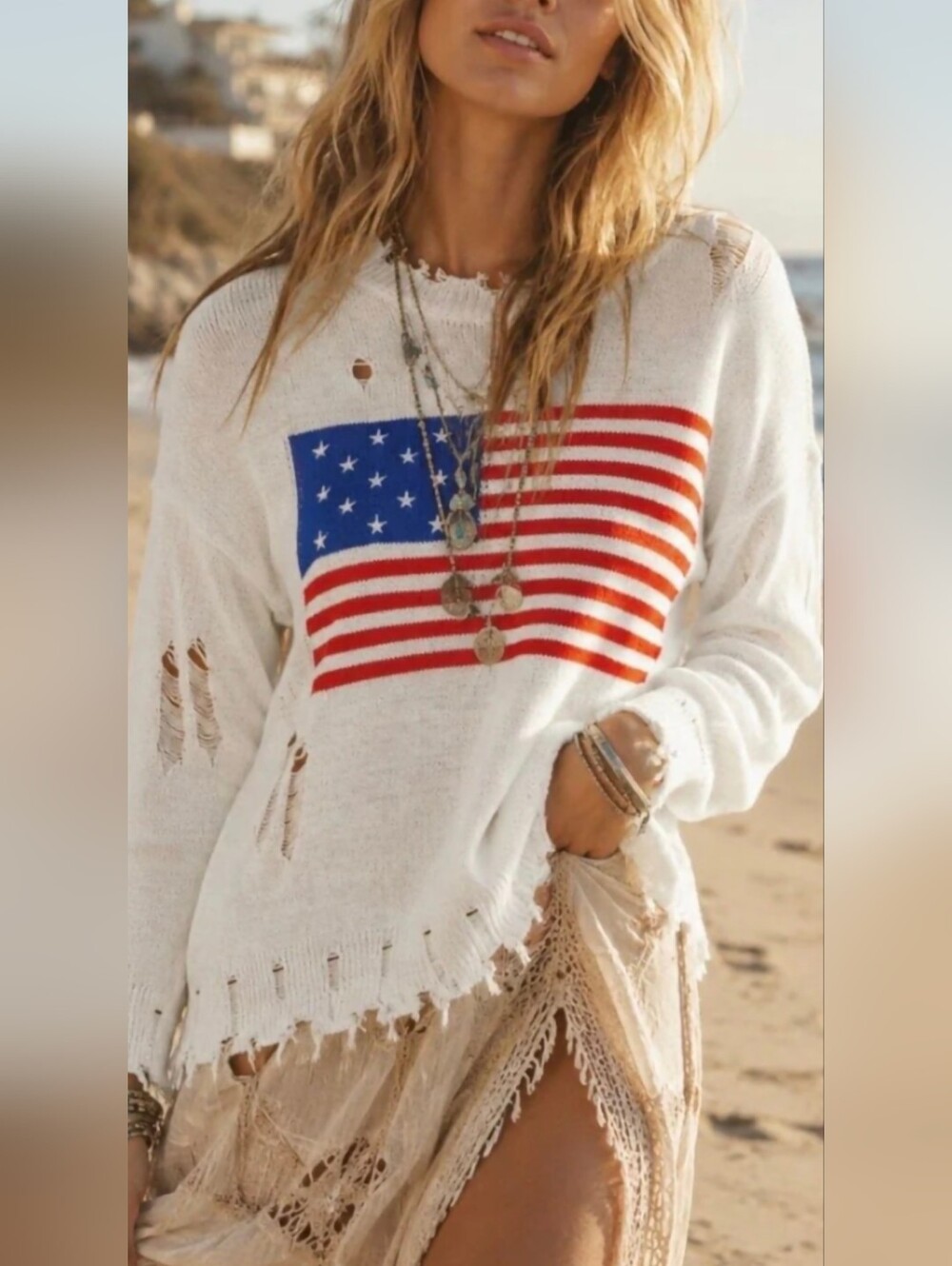 NWT Main Strip White Distressed Flag Sweater